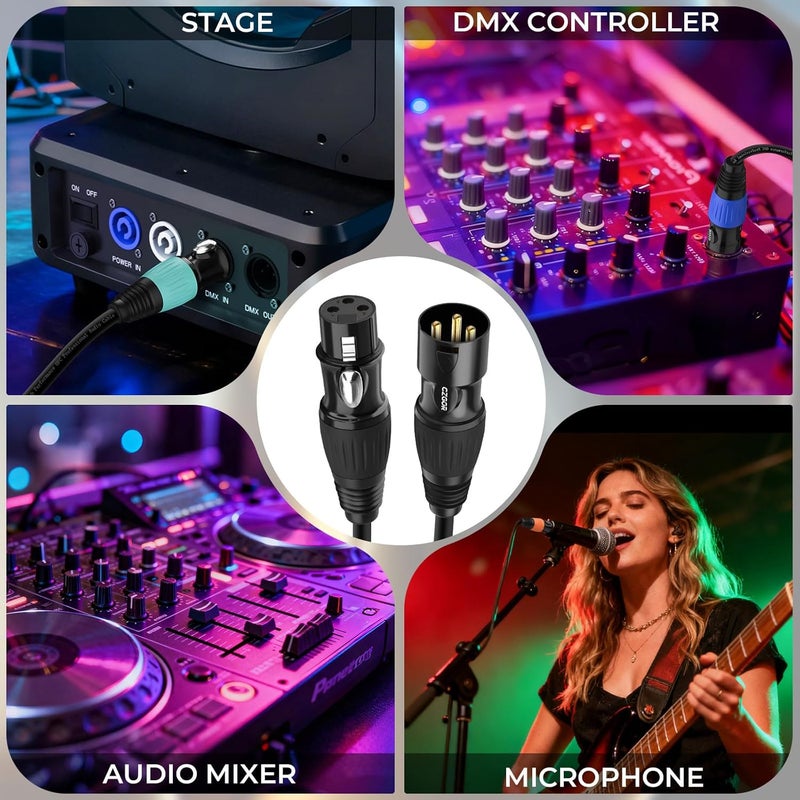 Czgor DMX Cable 15ft 2 Pack, 3-Pin Gold Plated XLR Male to Female Cables, Compatible with Microphone, Stage Light DMX512, Mic Mixer, Band and More, Black Orange - Image 2